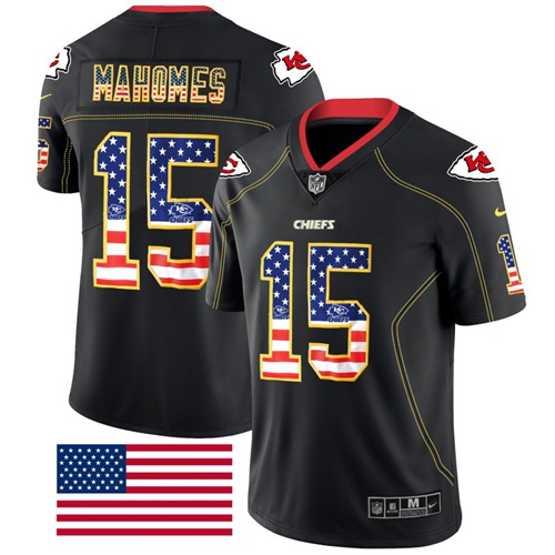 Personalized Chiefs #15 Patrick Mahomes Black Men’s Stitched NFL Limited Rush USA Flag Jersey