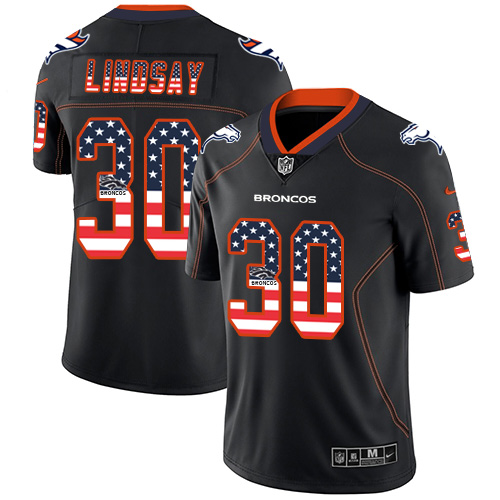 Personalized Broncos #30 Phillip Lindsay Black Men’s Stitched NFL Limited Rush USA Flag Jersey
