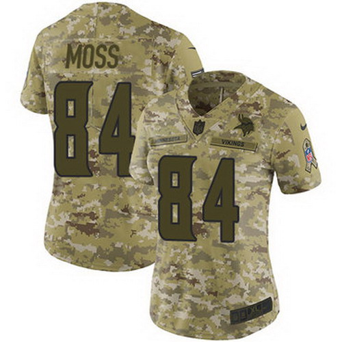 Personalized Vikings #84 Randy Moss Camo Women’s Stitched NFL Limited 2018 Salute to Service Jersey