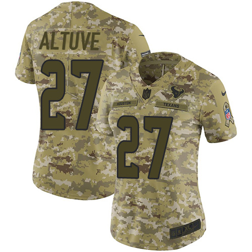 Personalized Texans #27 Jose Altuve Camo Women’s Stitched NFL Limited 2018 Salute to Service Jersey