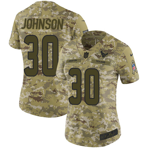 Personalized Texans #30 Kevin Johnson Camo Women’s Stitched NFL Limited 2018 Salute to Service Jersey
