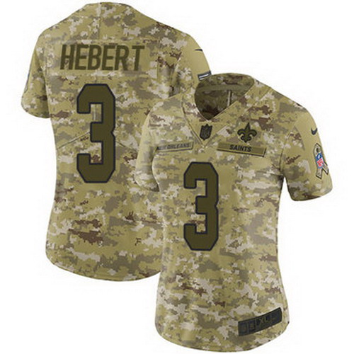 Personalized Saints #3 Bobby Hebert Camo Women’s Stitched NFL Limited 2018 Salute to Service Jersey