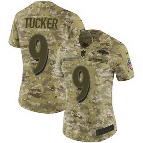 Personalized Ravens #9 Justin Tucker Camo Women’s Stitched NFL Limited 2018 Salute to Service Jersey
