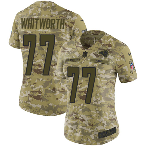 Personalized Rams #77 Andrew Whitworth Camo Women’s Stitched NFL Limited 2018 Salute to Service Jersey