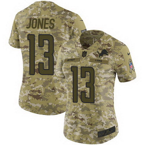 Personalized Lions #13 T.J. Jones Camo Women’s Stitched NFL Limited 2018 Salute to Service Jersey