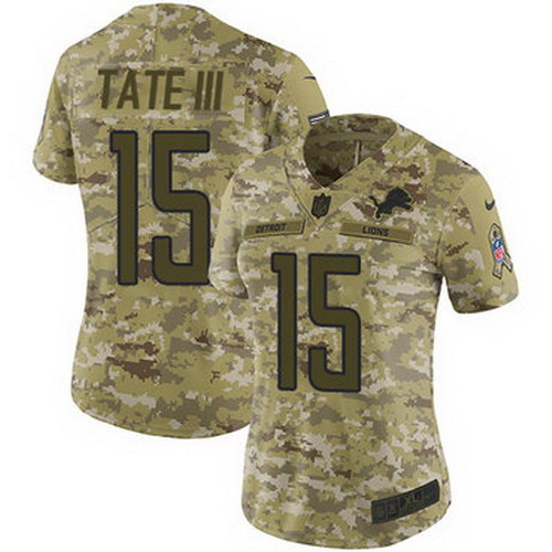Personalized Lions #15 Golden Tate III Camo Women’s Stitched NFL Limited 2018 Salute to Service Jersey