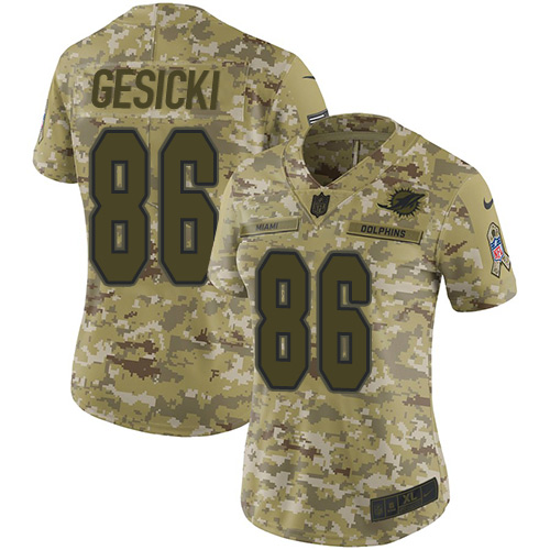 Personalized Dolphins #86 Mike Gesicki Camo Women’s Stitched NFL Limited 2018 Salute to Service Jersey