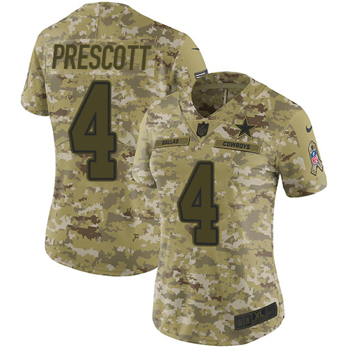 Personalized Cowboys #4 Dak Prescott Camo Women’s Stitched NFL Limited 2018 Salute to Service Jersey