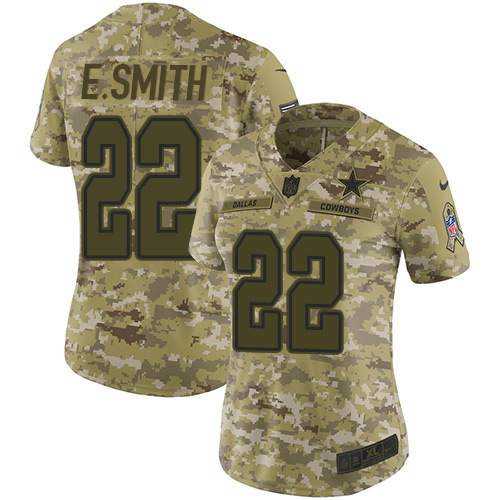 Personalized Cowboys #22 Emmitt Smith Camo Women’s Stitched NFL Limited 2018 Salute to Service Jersey