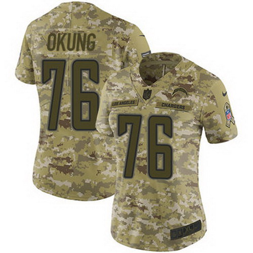 Personalized Chargers #76 Russell Okung Camo Women’s Stitched NFL Limited 2018 Salute to Service Jersey