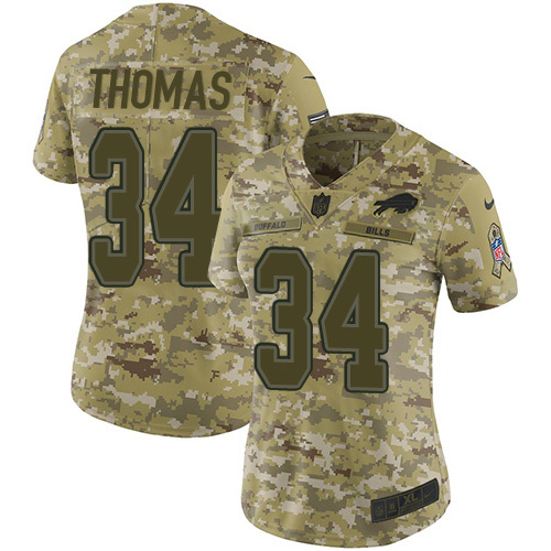 Personalized Bills #34 Thurman Thomas Camo Women’s Stitched NFL Limited 2018 Salute to Service Jersey