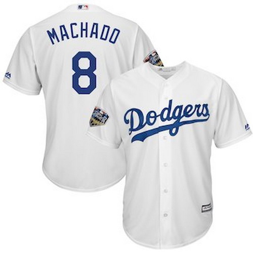 Personalized Men’s Los Angeles Dodgers #8 Manny Machado Majestic White 2018 World Series Cool Base Player Jersey
