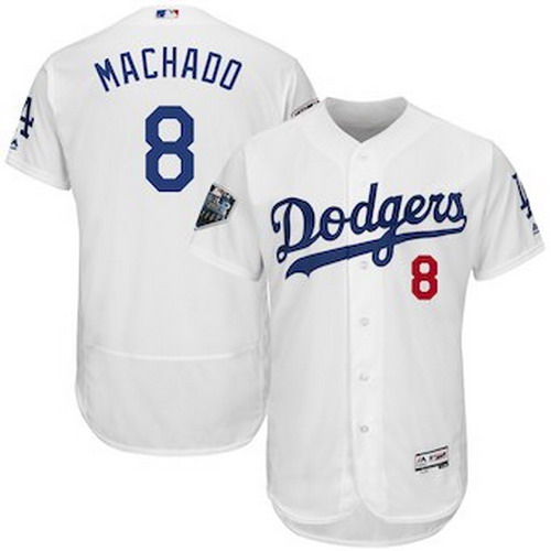 Personalized Men’s Los Angeles Dodgers #8 Manny Machado Majestic White 2018 World Series Flex Base Player Jersey
