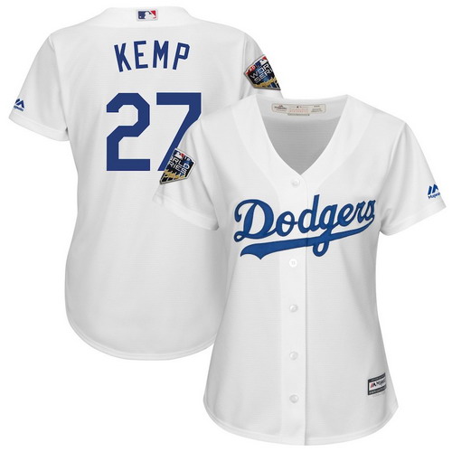Personalized Dodgers 27 Matt Kemp White Women 2018 World Series Cool Base Player Jersey