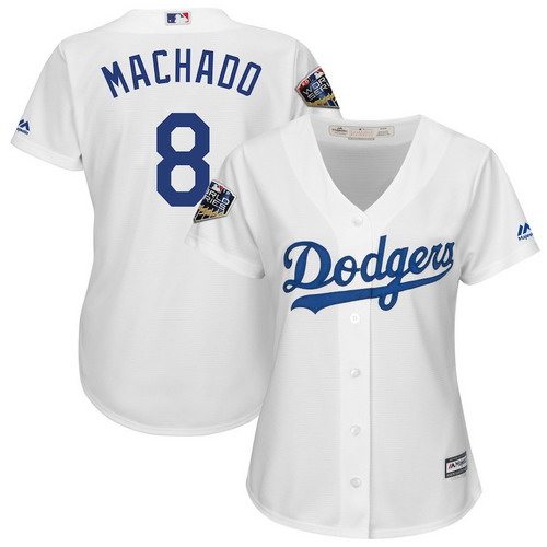 Personalized Dodgers 8 Manny Machado White Women 2018 World Series Cool Base Player Jersey
