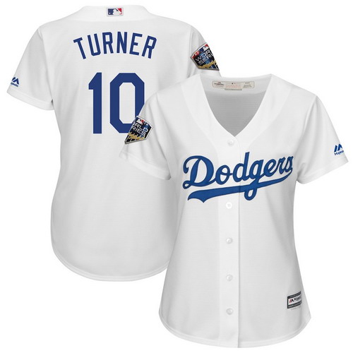 Personalized Dodgers 10 Justin Turner White Women 2018 World Series Cool Base Player Jersey