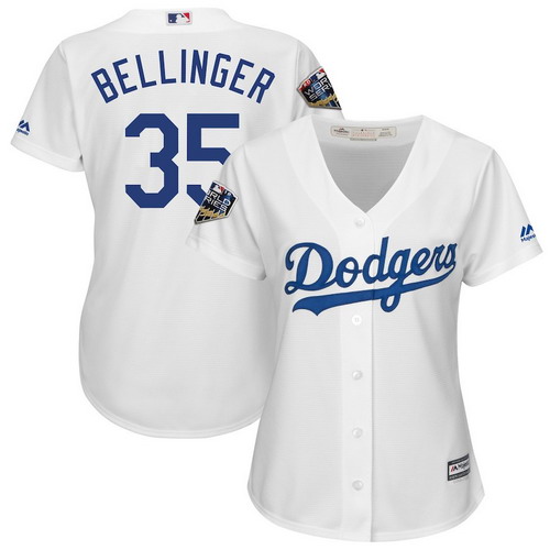 Personalized Dodgers 35 Cody Bellinger White Women 2018 World Series Cool Base Player Jersey