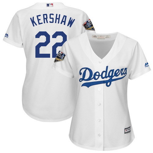 Personalized Dodgers 22 Clayton Kershaw White Women 2018 World Series Cool Base Player Jersey