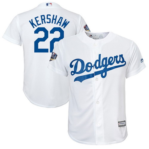 Personalized Dodgers 22 Clayton Kershaw White Youth 2018 World Series Cool Base Player Jersey