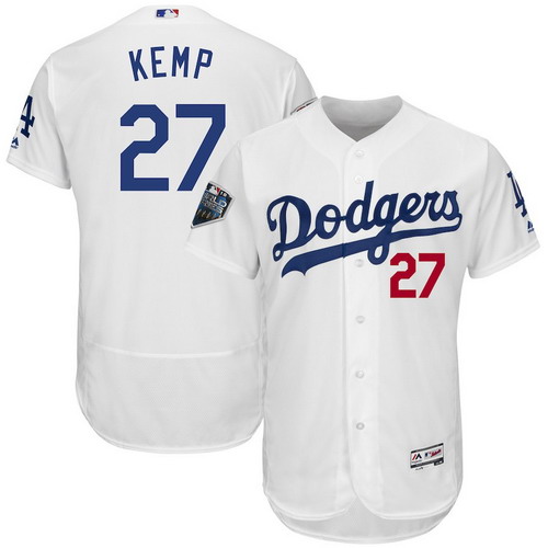 Personalized Dodgers 27 Matt Kemp White 2018 World Series Flexbase Player Jersey