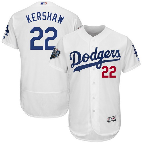 Personalized Dodgers 22 Clayton Kershaw White 2018 World Series Flexbase Player Jersey