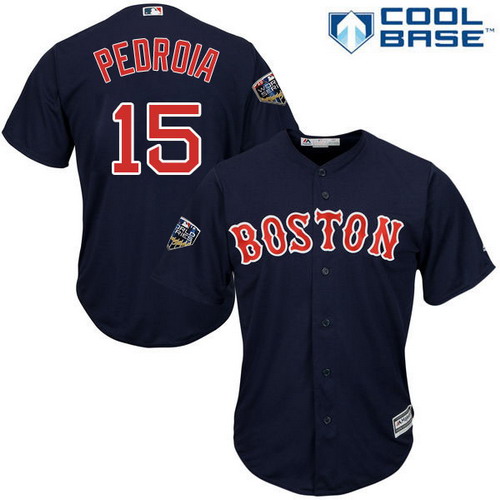 Personalized Red Sox #15 Dustin Pedroia Navy Blue New Cool Base 2018 World Series Stitched MLB Jersey