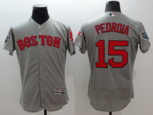 Personalized Red Sox #15 Dustin Pedroia Grey Flexbase Authentic Collection 2018 World Series Stitched MLB Jersey
