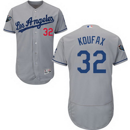Personalized Dodgers #32 Sandy Koufax Grey Flexbase Authentic Collection 2018 World Series Stitched MLB Jersey