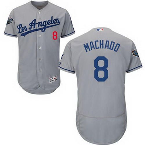 Personalized Dodgers #8 Manny Machado Grey Flexbase Authentic Collection 2018 World Series Stitched MLB Jersey