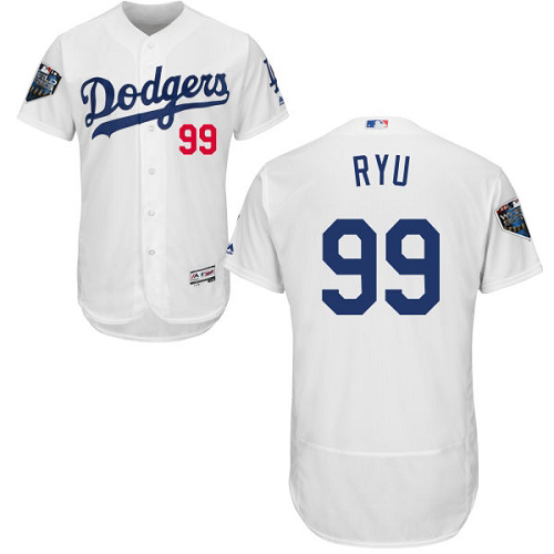 Personalized Dodgers #99 Hyun-Jin Ryu White Flexbase Authentic Collection 2018 World Series Stitched MLB Jersey