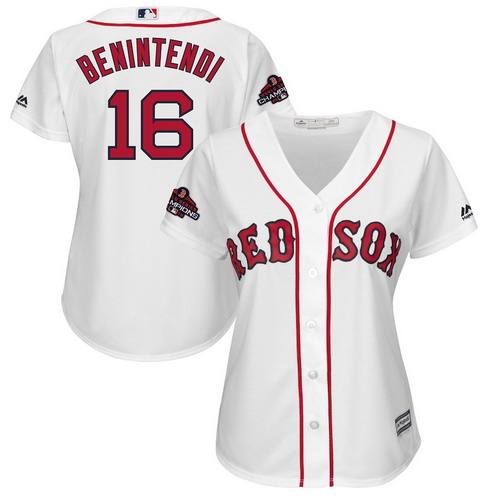 Personalized Red Sox 16 Andrew Benintendi White Women 2018 World Series Champions Team Logo Player Jersey