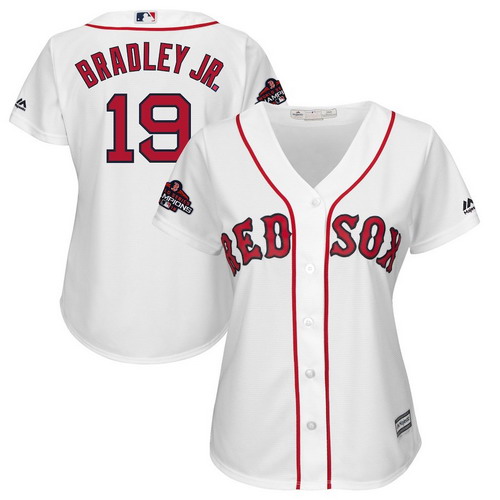 Personalized Red Sox 19 Jackie Bradley Jr. White Women 2018 World Series Champions Team Logo Player Jersey