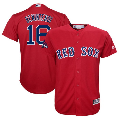 Personalized Red Sox 16 Andrew Benintendi Scarlet Youth 2018 World Series Champions Team Logo Player Jersey