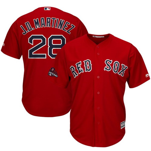 Personalized Red Sox 28 J.D. Martinez Red Women 2018 World Series Champions Cool Base Jersey