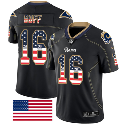 Personalized Rams #16 Jared Goff Black Men’s Stitched NFL Limited Rush USA Flag Jersey