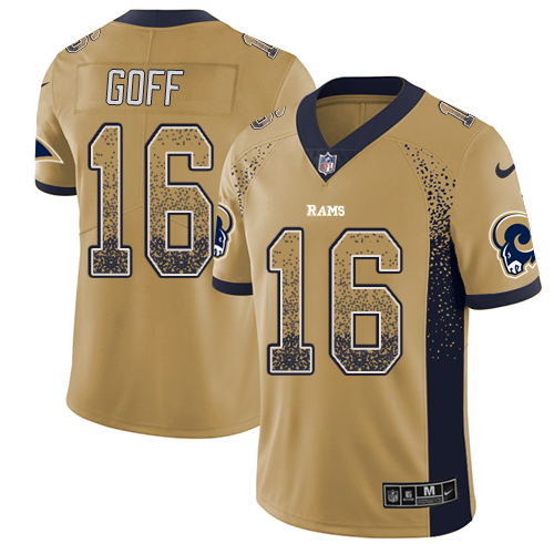 Personalized Rams #16 Jared Goff Gold Men’s Stitched NFL Limited Rush Drift Fashion Jersey