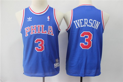 Personalized Youth 76ers 3 Allen Iverson Blue Youth Hardwood Classics Jersey