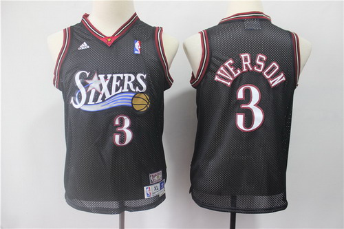 Personalized Youth 76ers 3 Allen Iverson Black Youth Hardwood Classics Jersey
