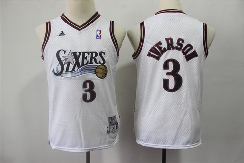 Personalized Youth 76ers 3 Allen Iverson White Youth Hardwood Classics Jersey