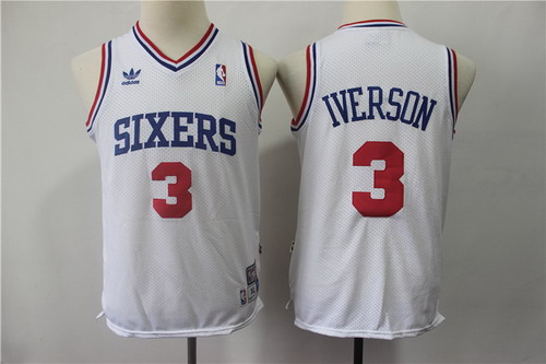 Personalized Youth 76ers 3 Allen Iverson White Youth Hardwood Classics Throwback Jersey