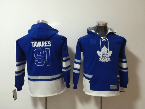 Personalized Youth Maple Leafs 91 John Tavares Blue Youth All Stitched Hooded Sweatshirt