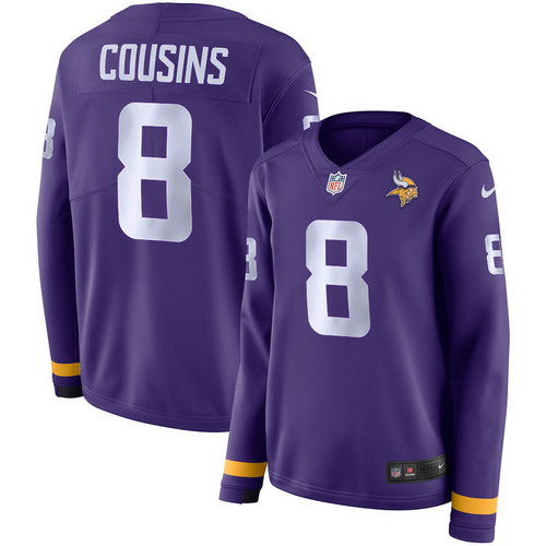 Personalized Vikings 8 Kirk Cousins Purple Women Therma Long Sleeve Jersey