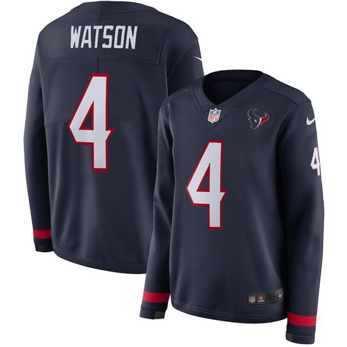 Personalized Texans 4 Deshaun Watson Navy Women Therma Long Sleeve Jersey