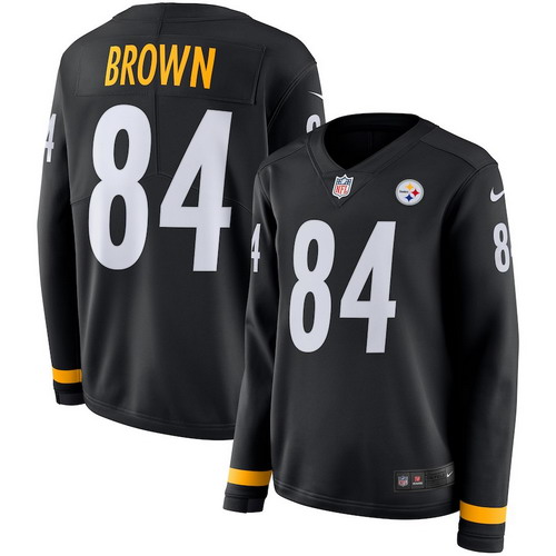 Personalized Steelers 84 Antonio Brown Black Women Therma Long Sleeve Jersey
