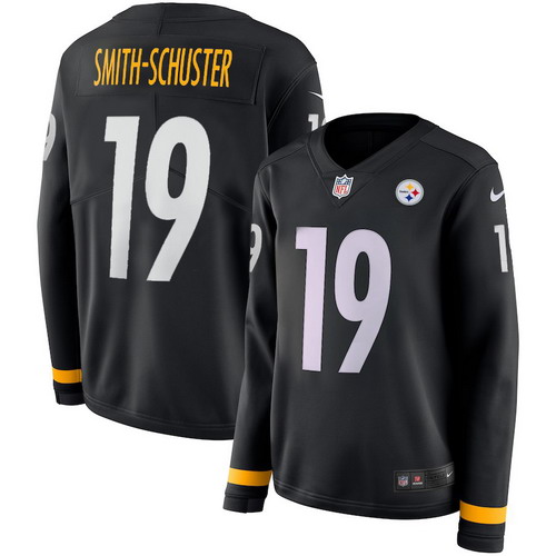 Personalized Steelers 19 JuJu Smith Schuster Black Women Therma Long Sleeve Jersey