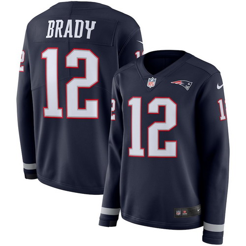 Personalized Patriots 12 Tom Brady Navy Women Therma Long Sleeve Jersey