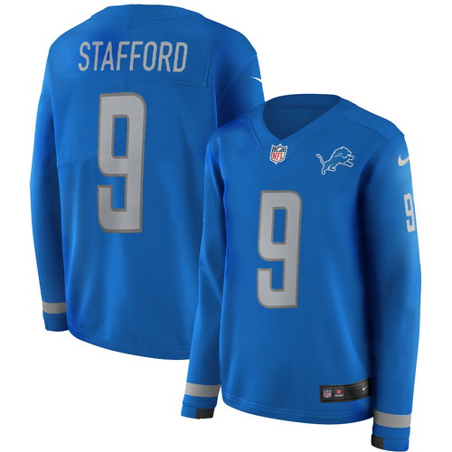 Personalized Lions 9 Matthew Stafford Blue Women Therma Long Sleeve Jersey