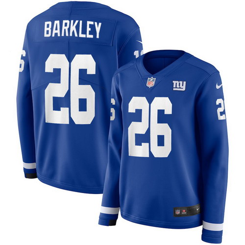 Personalized Giants 26 Saquon Barkley Royal Women Therma Long Sleeve Jersey