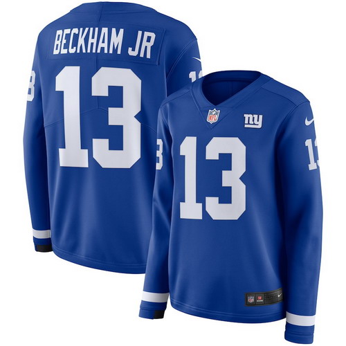 Personalized Giants 13 Odell Beckham Jr. Blue Women Therma Long Sleeve Jersey