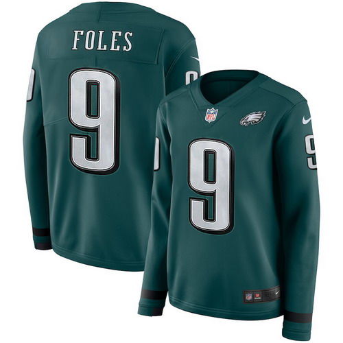 Personalized Eagles 9 Nick Foles Green Women Therma Long Sleeve Jersey